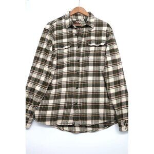 Orvis Mens L/G Plaid Flannel Button-Up Shirt Green & Cream Cotton Outdoors Camp